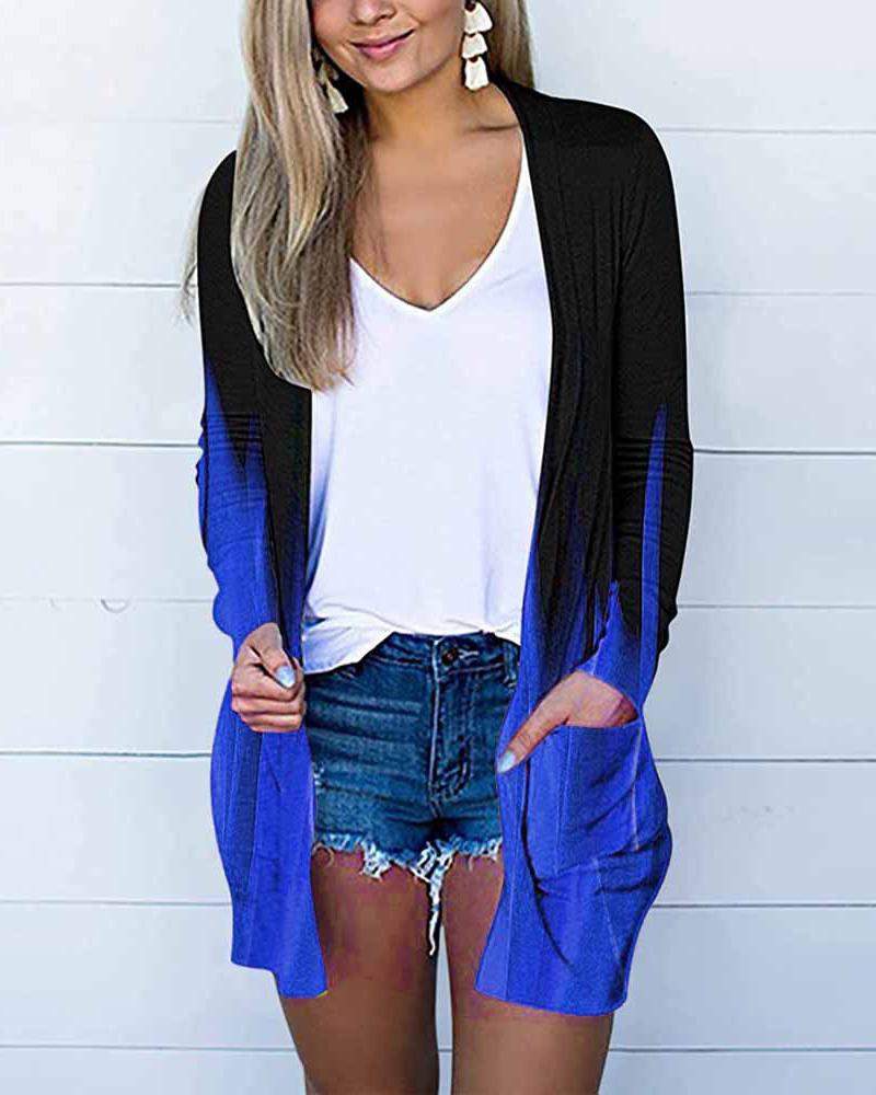 

Ombre Colorblock Pocket Detail Open Front Cardigan, Blue