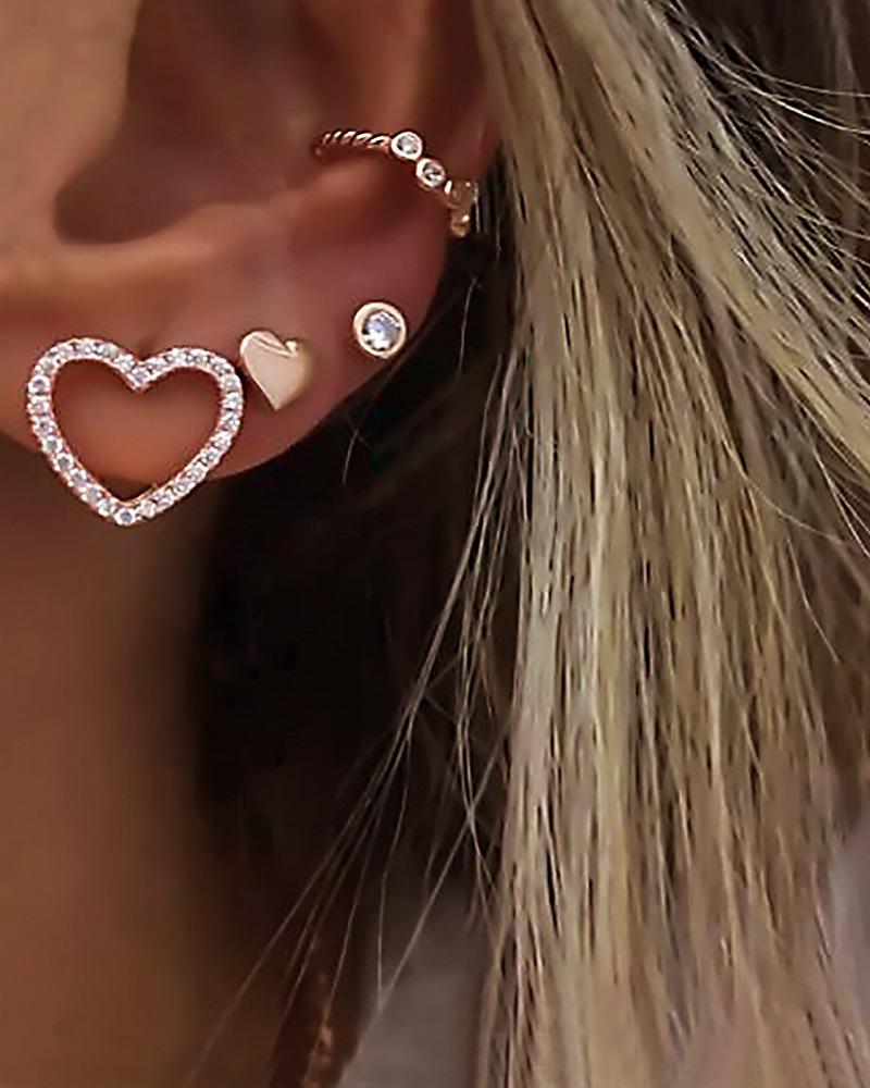 

4PCS Heart Shaped Rhinestone Earrings & Ear Cuff Set, Gold
