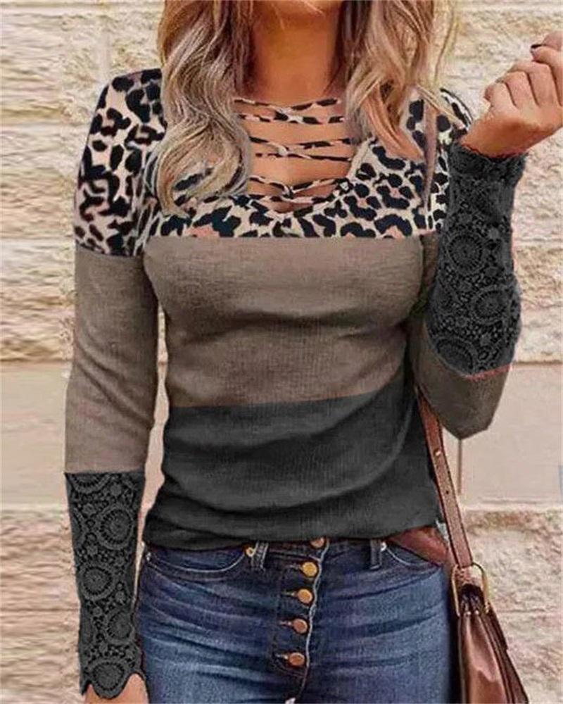 

Colorblock Contrast Lace Long Sleeve Ribbed Top, Dark grey