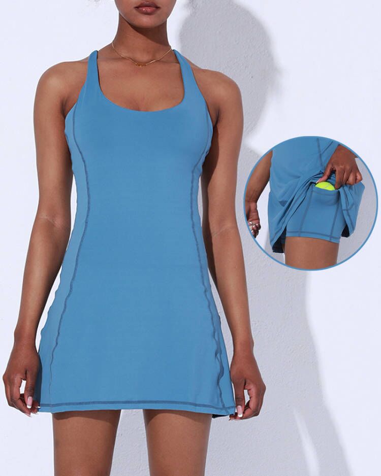 

Crisscross Backless Contrast Piping Dress & Pocket Design Shorts Set, Blue