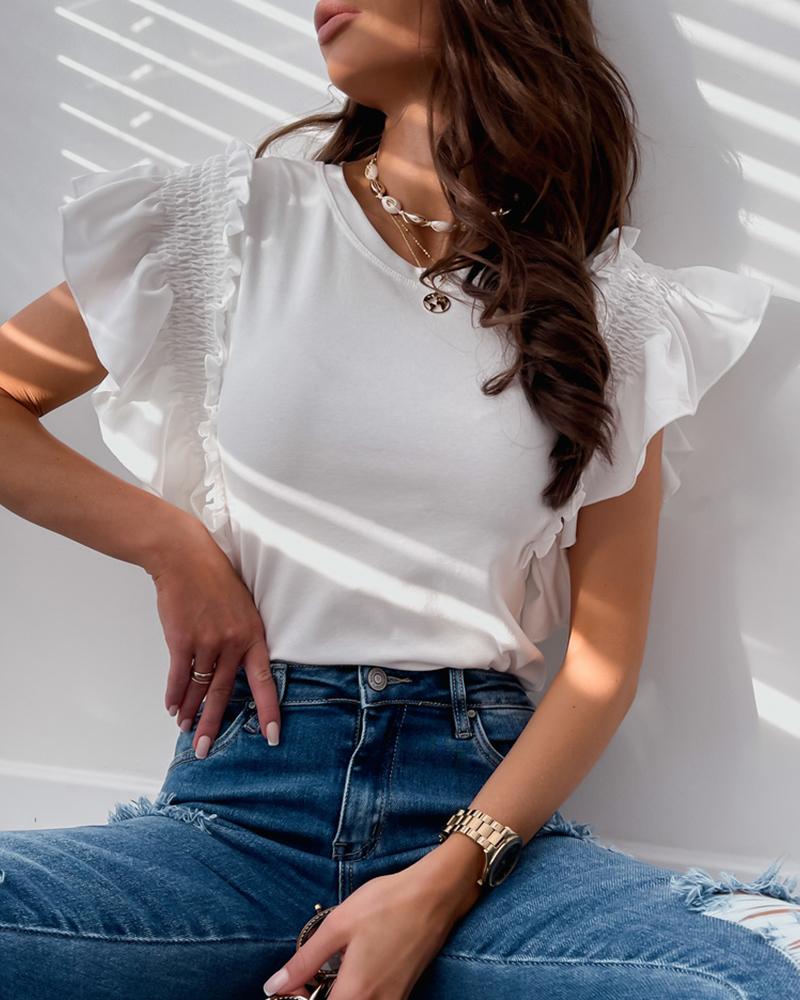 

Shirred Flutter Sleeve Ruffles Frill Hem Top, White