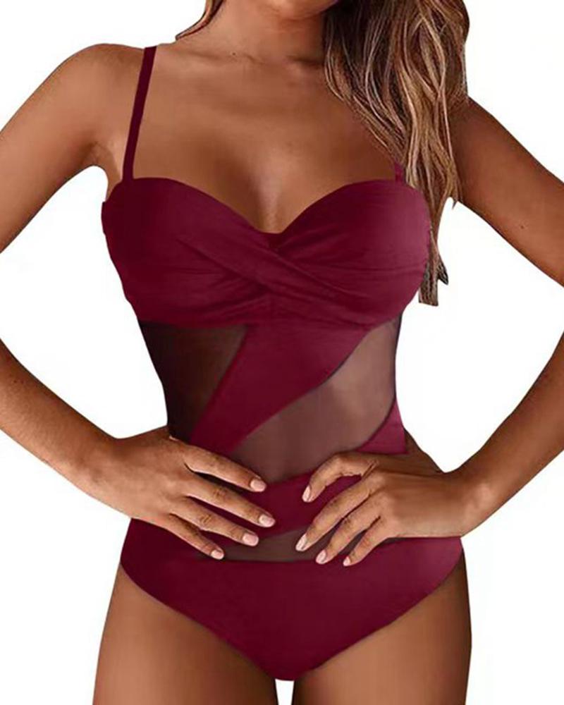 

Contrast Mesh Backless Tied Detail One Piece Swimsuit, Wine red