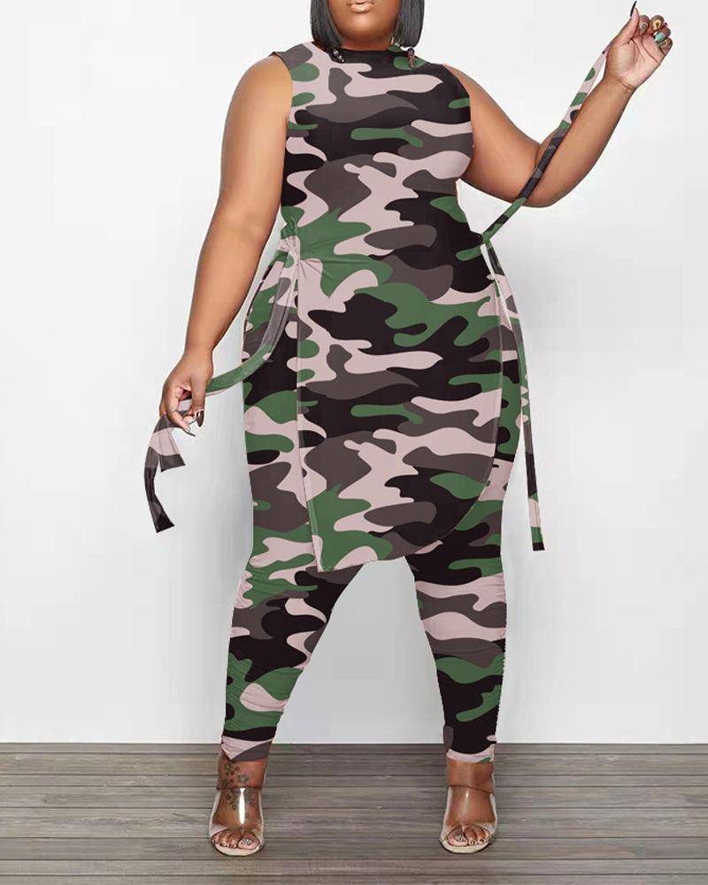 

Plus Size Camo Print Split Hem Tank Top & Pants Set, Green