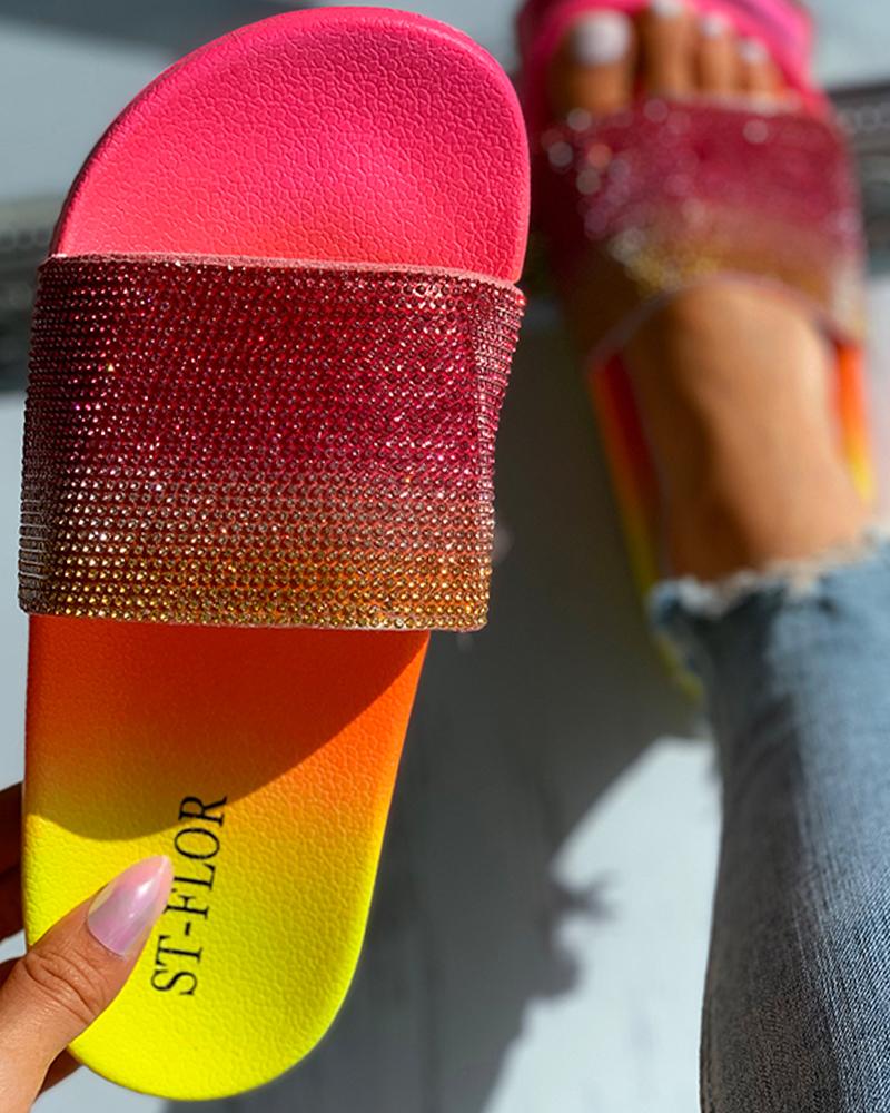 

Colorful Studded Open Toe Flat Sandals, Hot pink