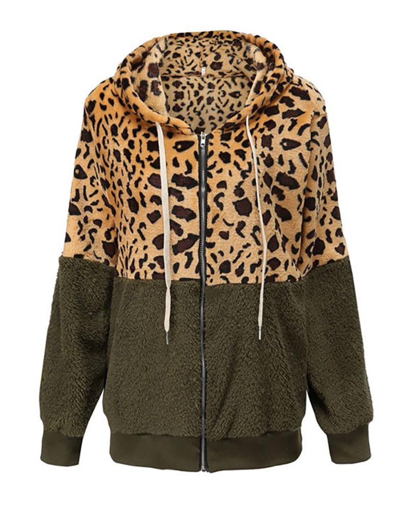 

Cheetah Print Colorblock Zip Front Hooded Teddy Coat, Green