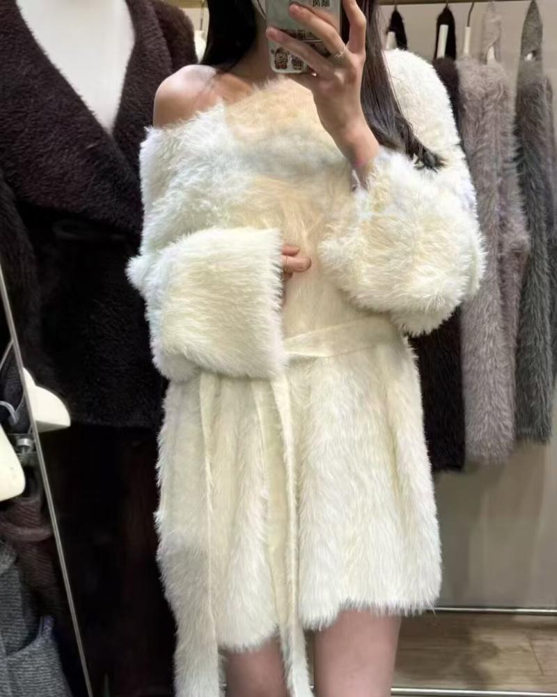 

Camisola de manga comprida com decote torto e pele sintética com detalhes amarrados, top de inverno, White