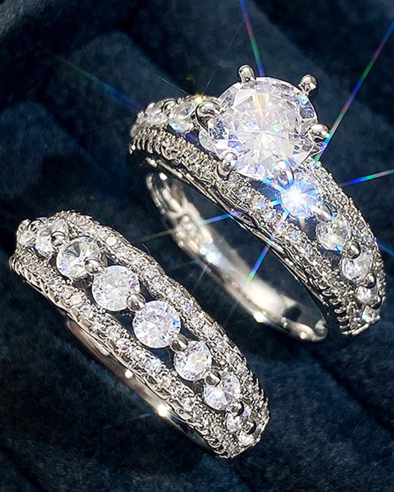 2pcs Geometric Rhinestone Zircon Wedding Party Couple Rings Set