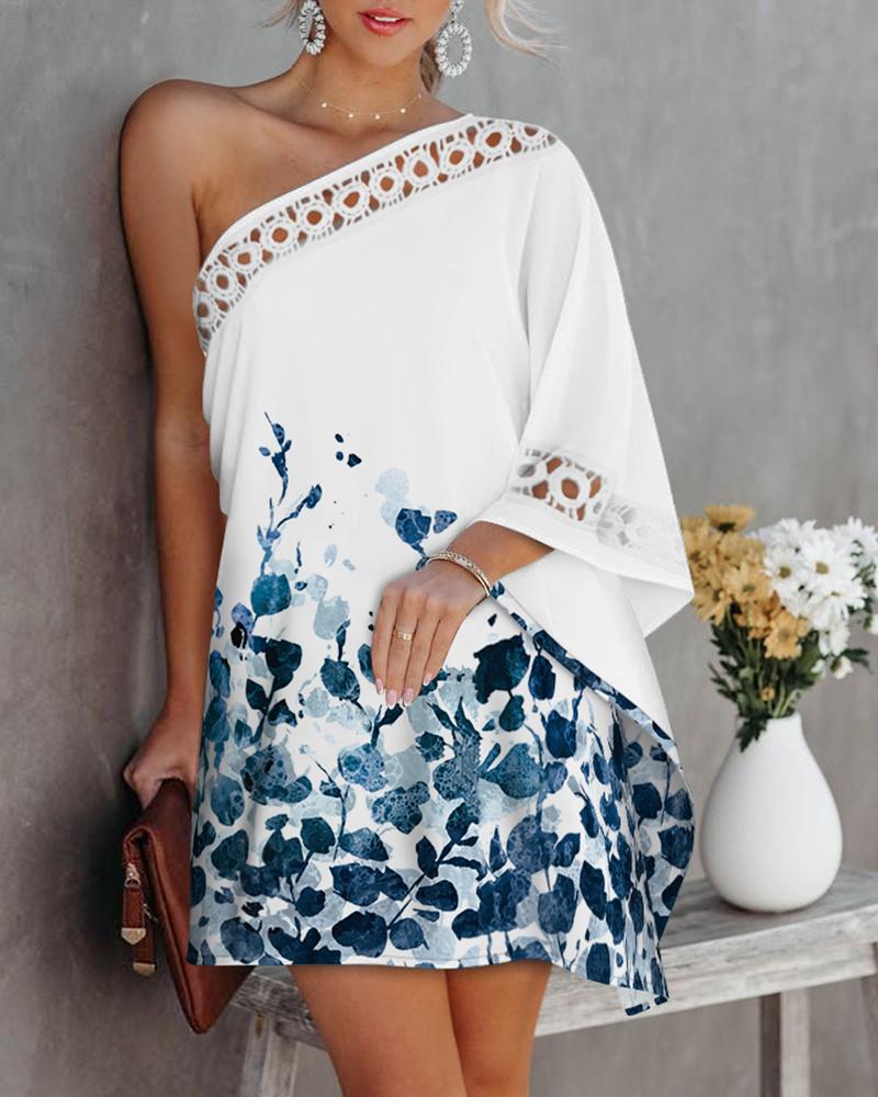 

Plants Print Contrast Lace One Shoulder Casual Dress, White