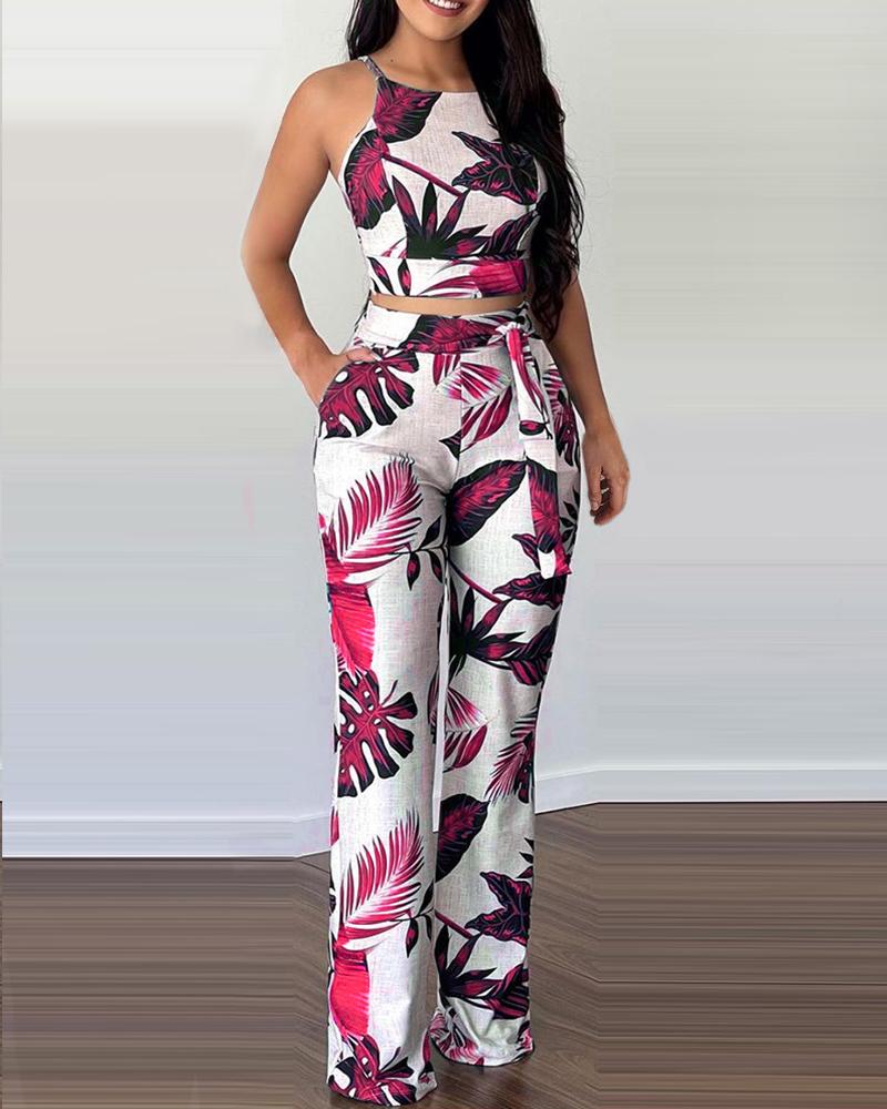 

Casual Two Piece set Beach Suits Tropical Print Top & Pants Set, Hot pink