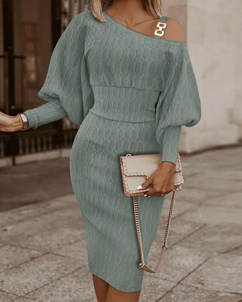 

Cold Shoulder Gigot Sleeve Cable Textured Dress, Green