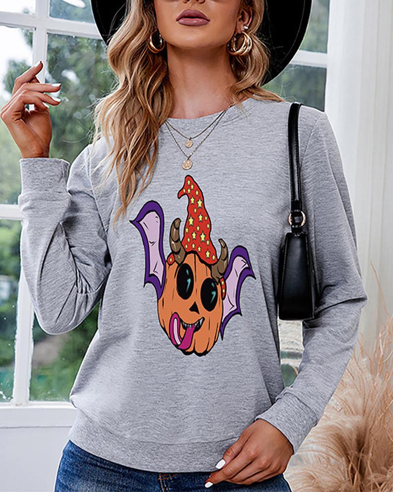 

Halloween Batwing Pumpkin Pattern Long Sleeve Sweatshirt, Gray