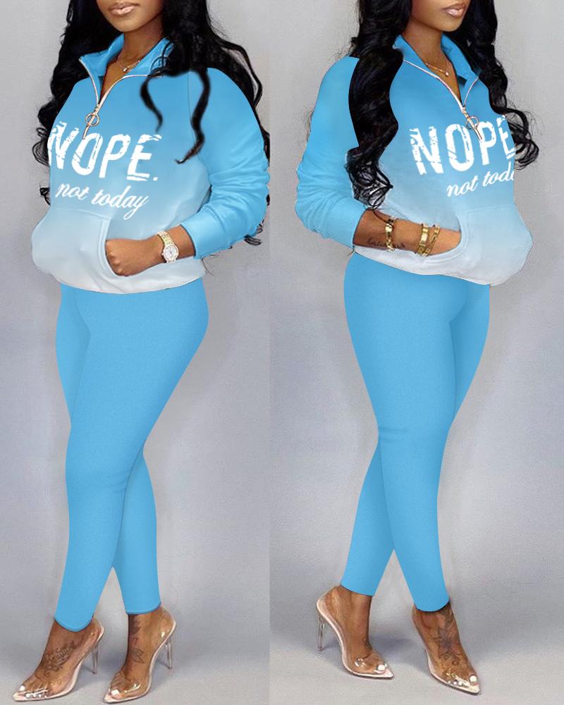 

Ombre Letter Print Zipper Front Top & Pants Set, Blue