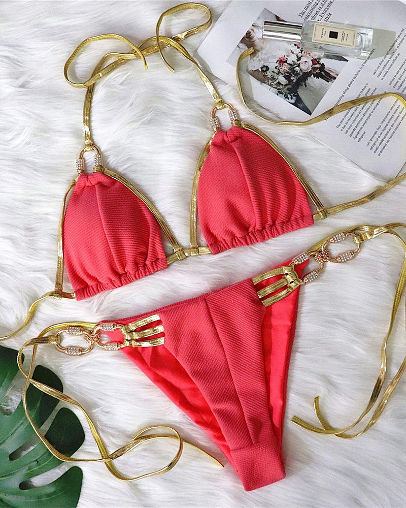 

Cutout Tied Detail Rhinestone Decor Bikini Set, Pink