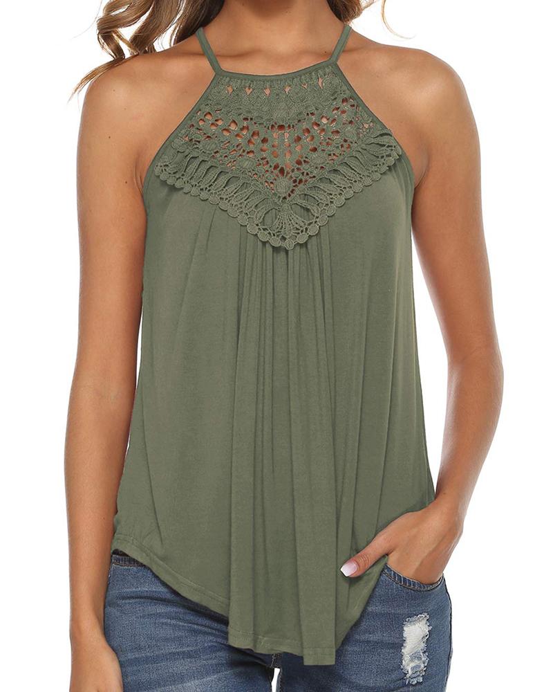 

Spaghetti Strap Halter Lace Flowy Tank Tops, Army green