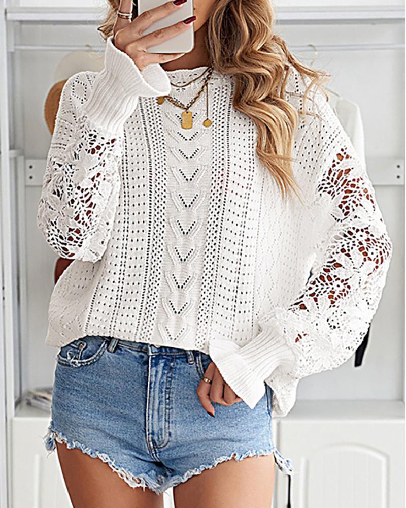 

Guipure Lace Patch Long Sleeve Knit Sweater, White