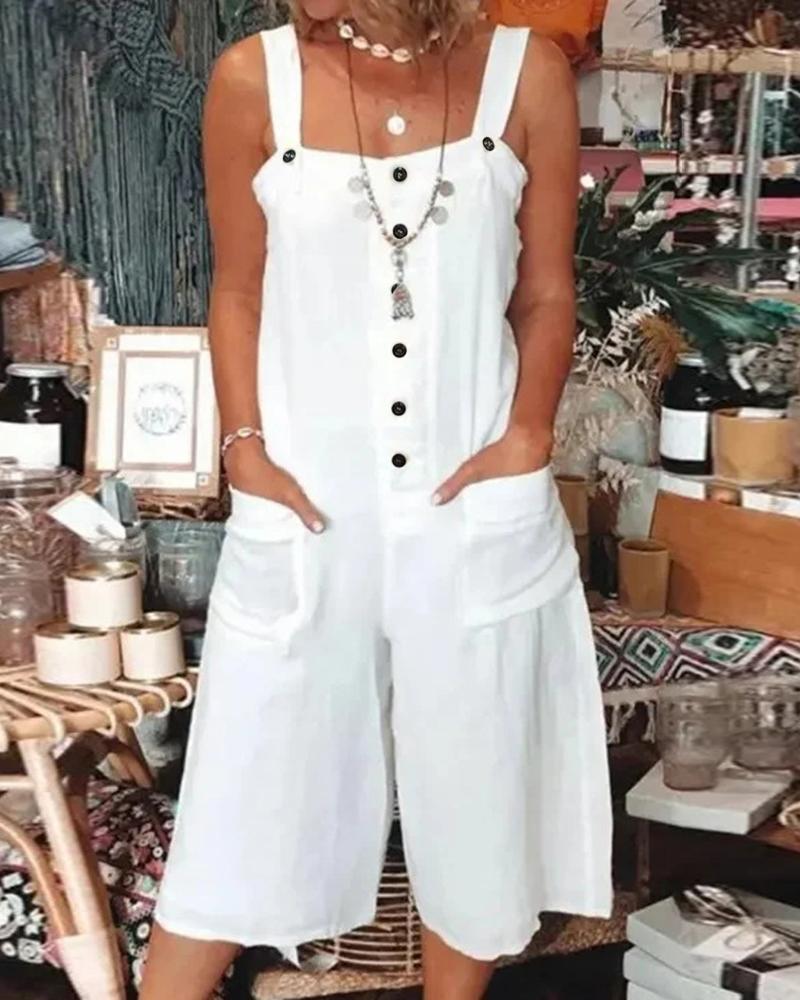

Button Front Pocket Design Suspender Romper, White