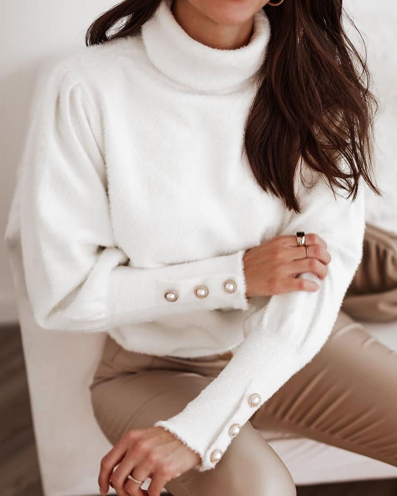 

Mock Neck Gigot Sleeve Buttoned Fluffy Sweater, White