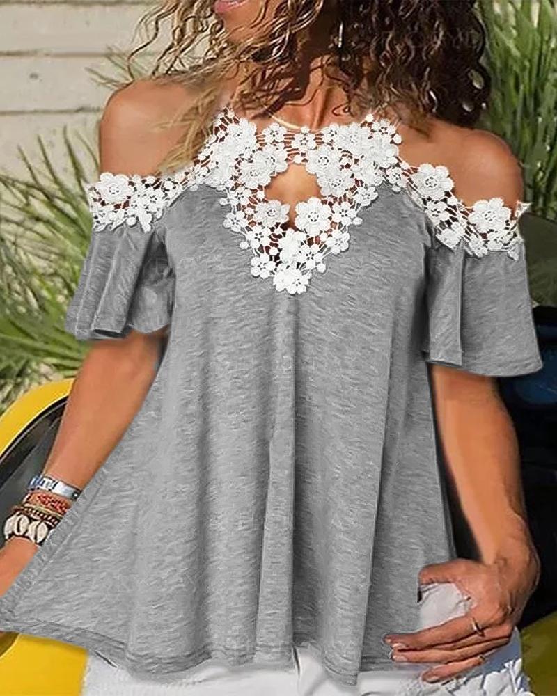 

Guipure Lace Patch Cutout Cold Shoulder Top, Gray