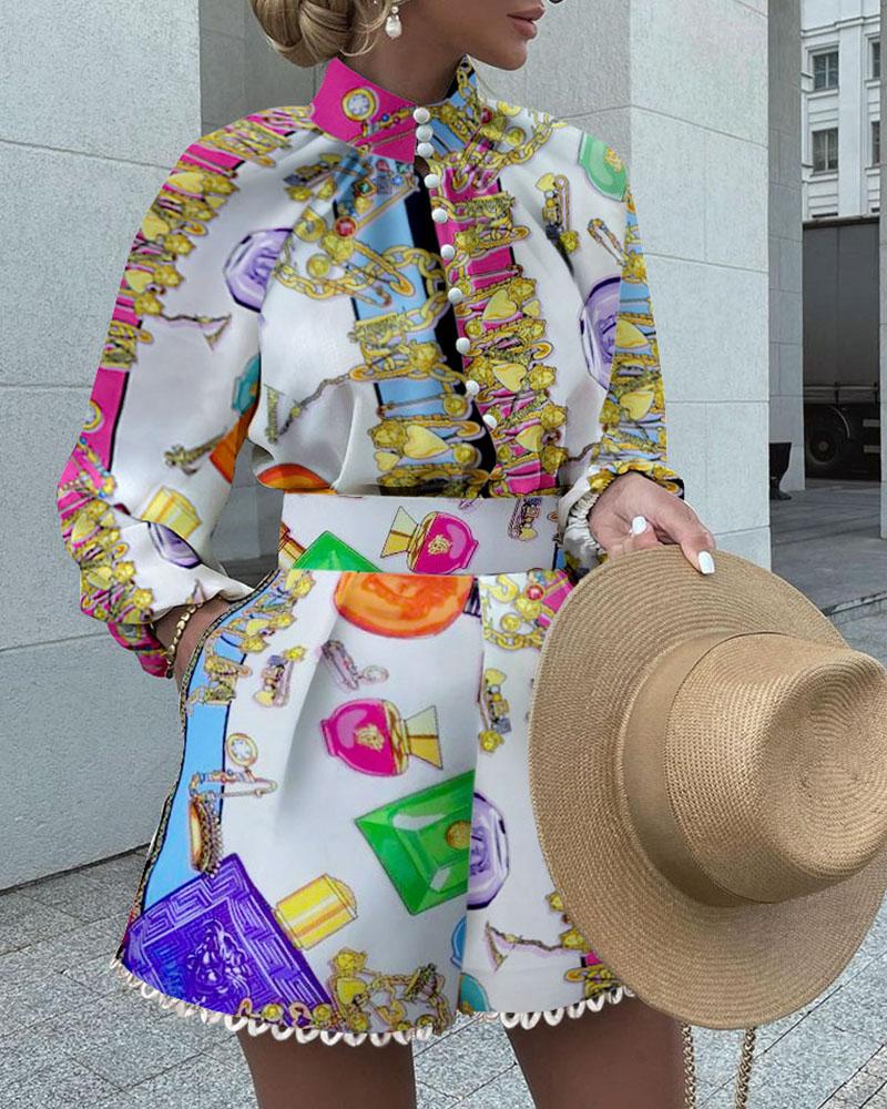 

Two Piece Sets Casual Long Sleeve Scarf Print Buttoned Top & High Waist Shorts Set, Multicolor