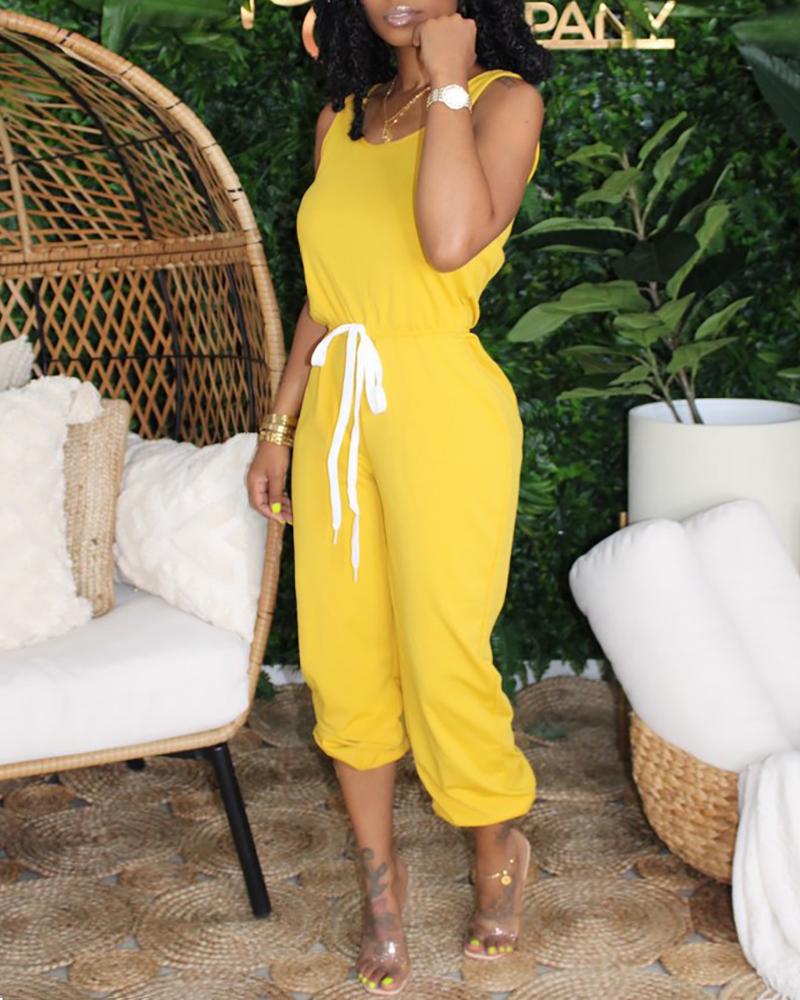 

Thick Strap Drawstring Casual Jumpsuit, Yellow
