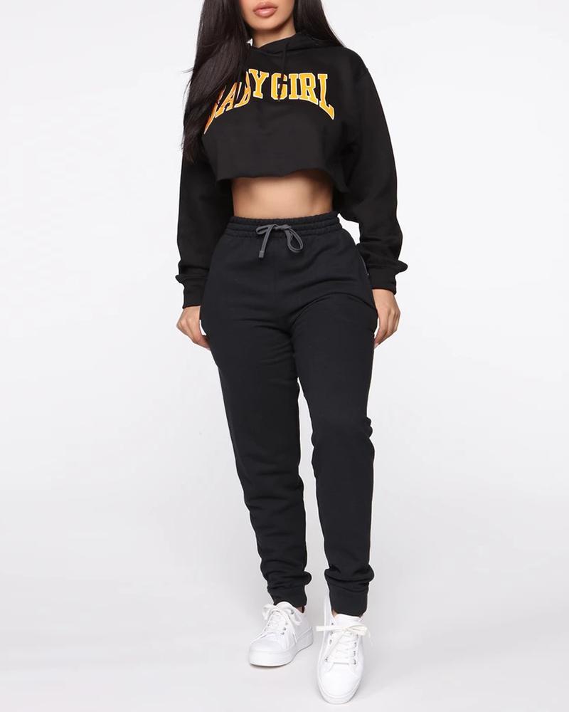 

Letter Print Hooded Crop Top & Drawstring Pants Set, Black
