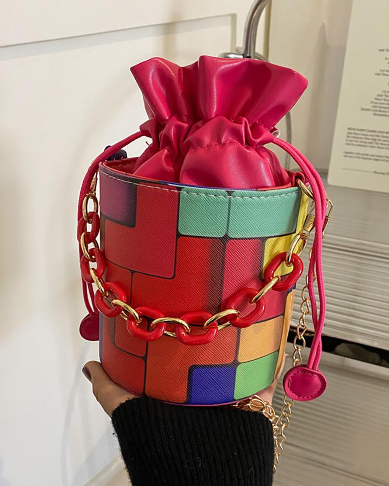 

Colorblock Painting Print Bucket Bag With Inner Pouch, Red