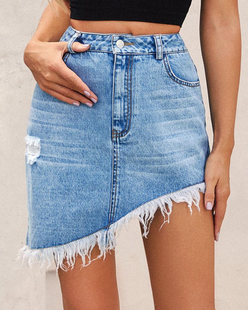 

Solid Ripped Hem Mini Denim Skirts, Blue