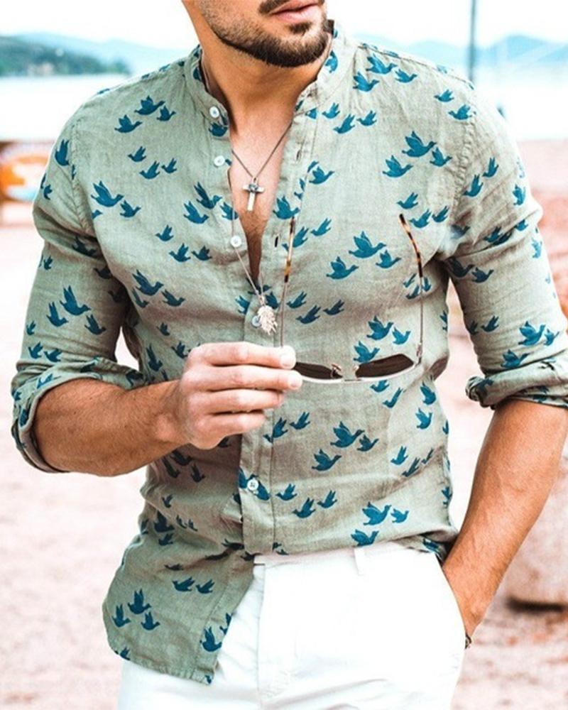 

Bird Print Long Sleeve Skinny Button-up Shirts, Green