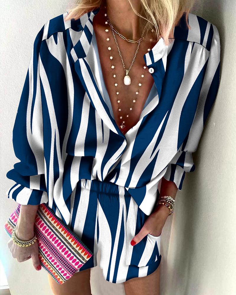 

Striped Print Long Sleeve Shirt & Shorts Set, Blue