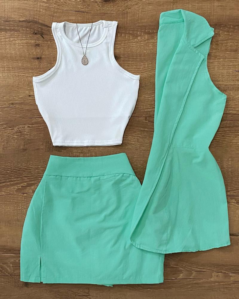 

Ensemble 3 pièces comprenant un débardeur à col rond, un gilet sans manches et une mini-jupe, Green