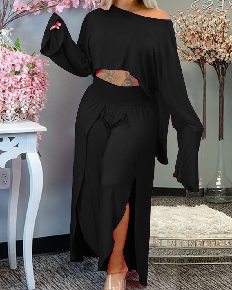 

Long Sleeve Top & High Waist Slit Pants Set, Black