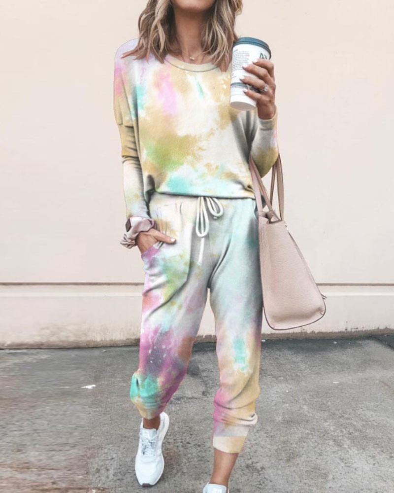 

Tie Dye Print Top & Drawstring Pants Set, Multicolor