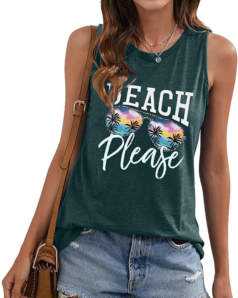 

Coconut Tree Sunglasses Letter Print Summer Tank Top, Dark green