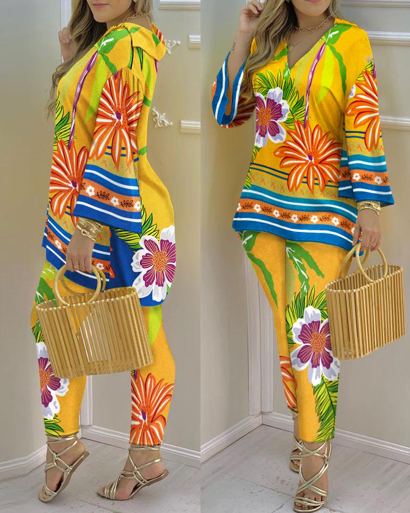 

Tropical Print Bell Sleeve Top & Pants Set, Yellow