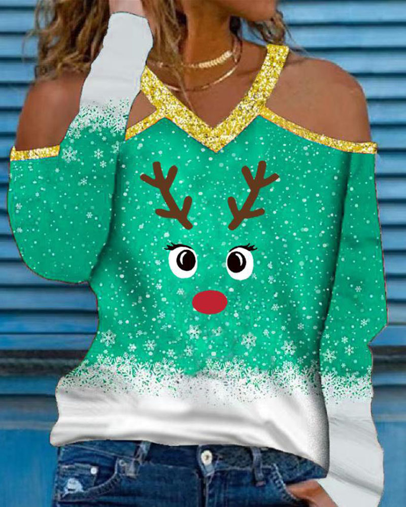 

Christmas Cartoon Elk Snowflake Print Cold Shoulder Top, Green