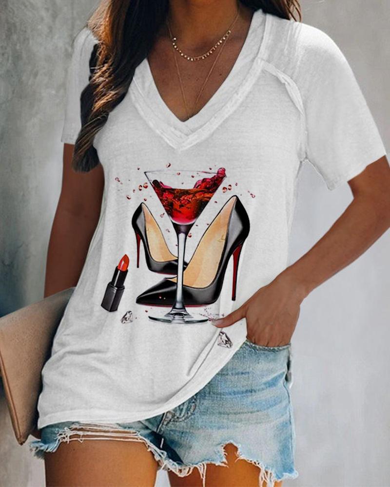 

Grpahic Heels Print V-Neck Short Sleeve Casual T-shirt, White
