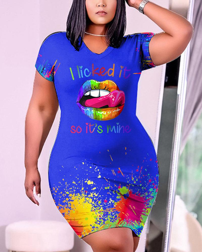 

Ink Splash Letter Lip Print Casual Dress, Blue