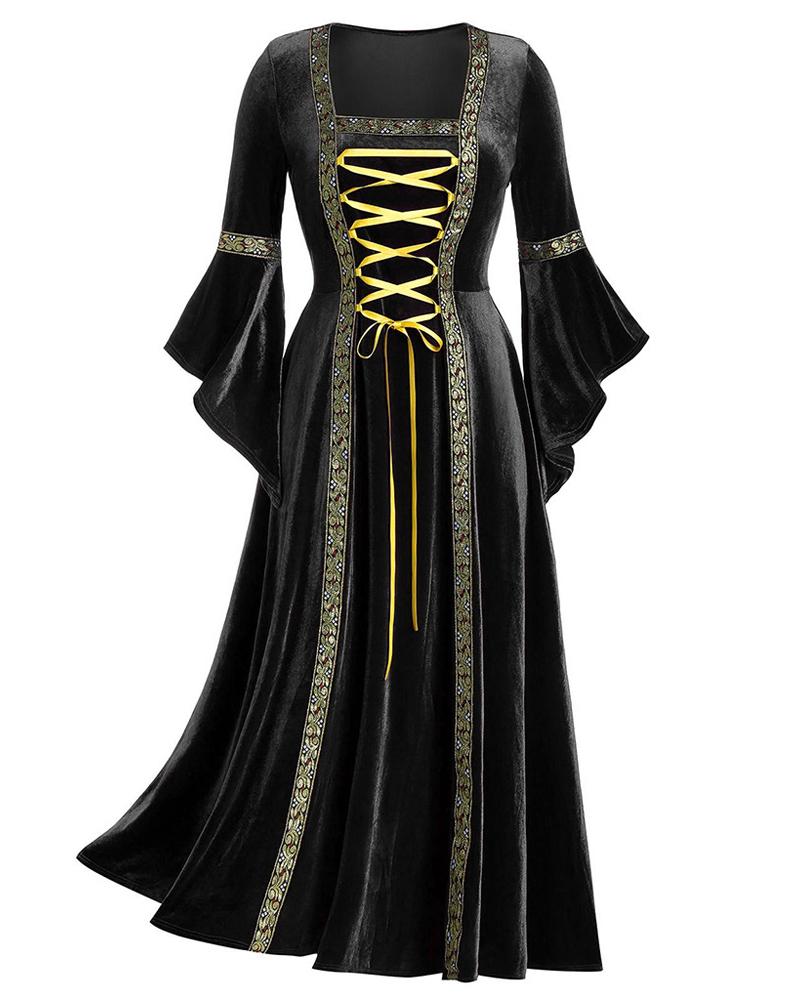 

Halloween Vintage Renaissance Costume Women Gothic Witch Cosplay Medieval Dress Velvet Queen Dresses, Black