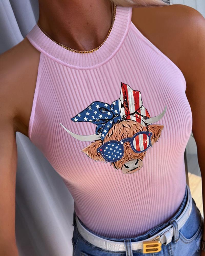 

Independence Day OX Flag Print O-Neck Tank Top, Pink