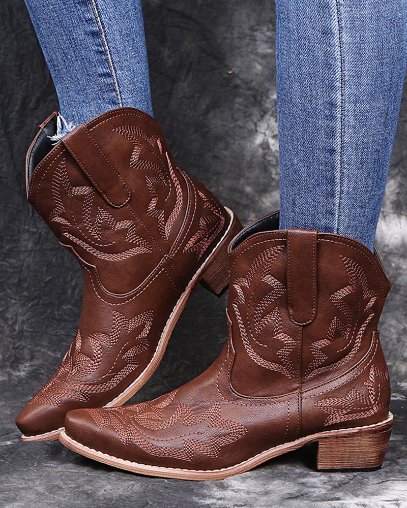 

Embroidery Point Toe Chunky Cowboy Boots, Brown