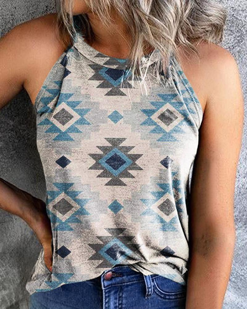 

Vintage Aztec Geometric Print Casual Summer Tank Top, Blue