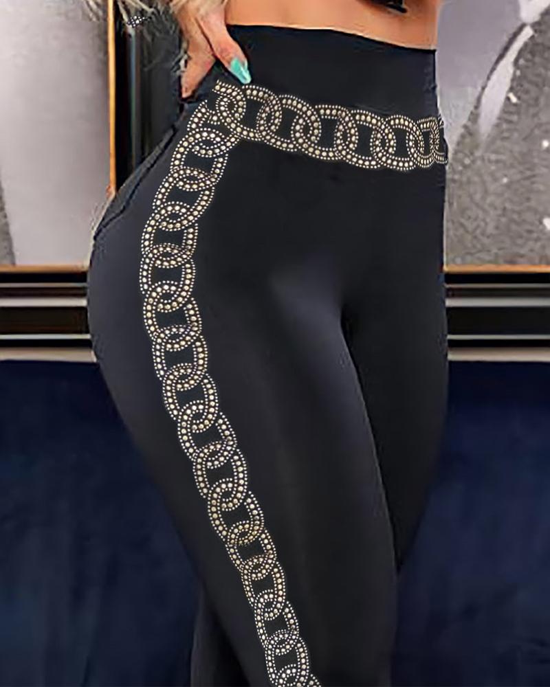 

Chain Print High Waist Skinny Pants, Black