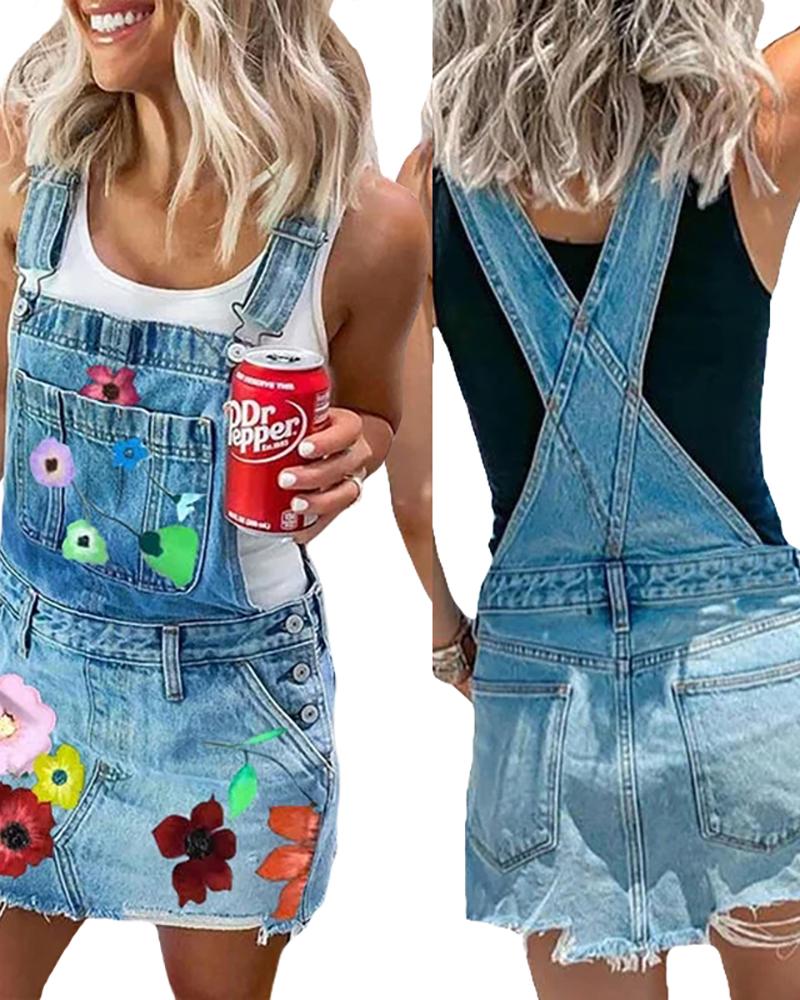 

Floral Print Fringe Hem Suspender Denim Dress, Blue