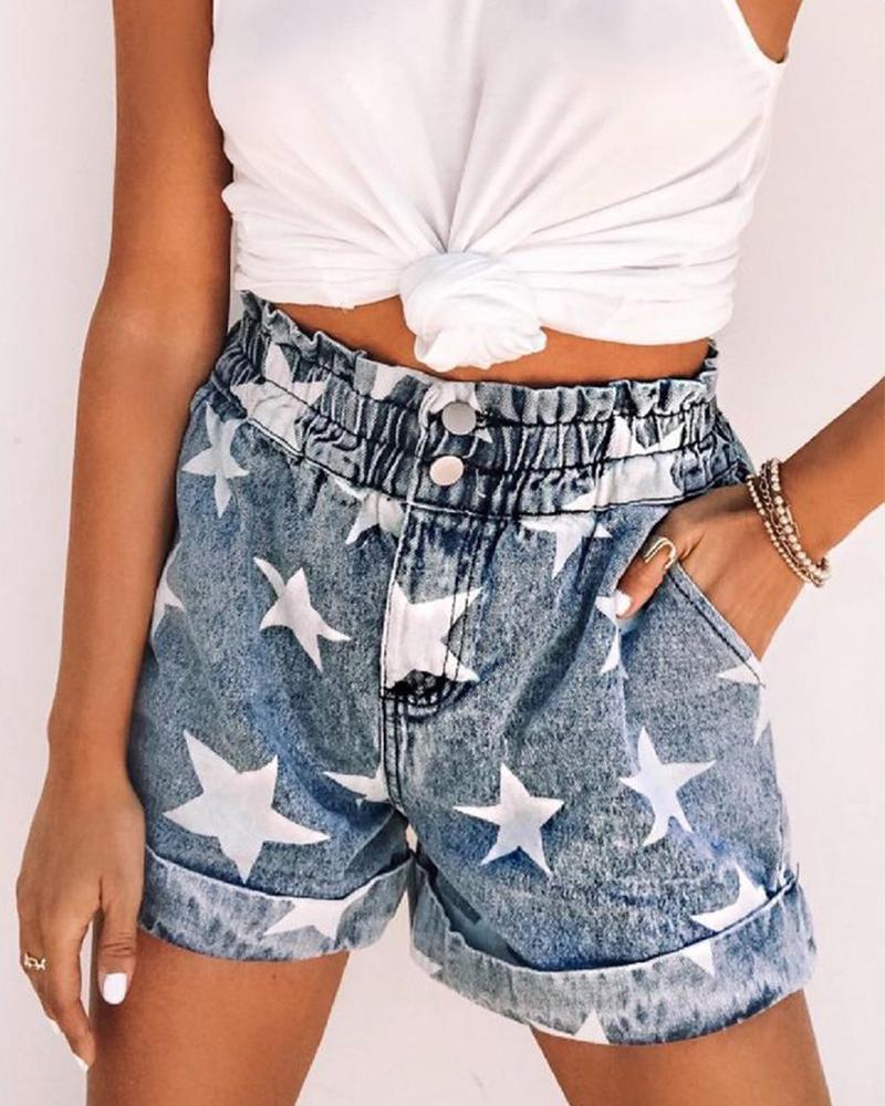 

Star Print Pocket Design Roll Hem Denim Shorts, Blue