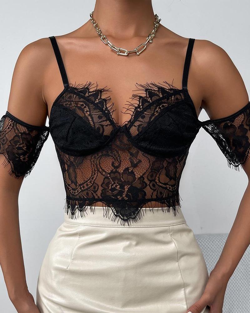 

Plain Eyelash Lace Crop Top, Black