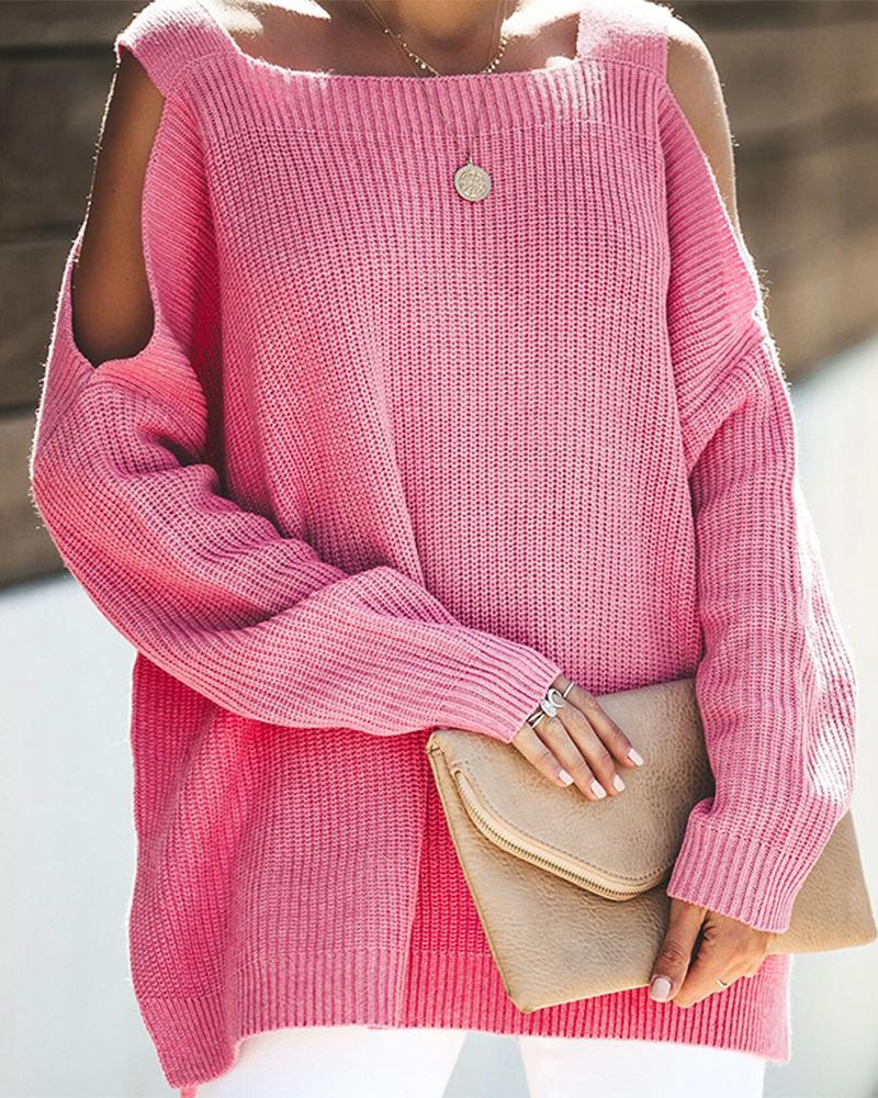 

Cold Shoulder Chunky Knit Oversized Sweater, Pink