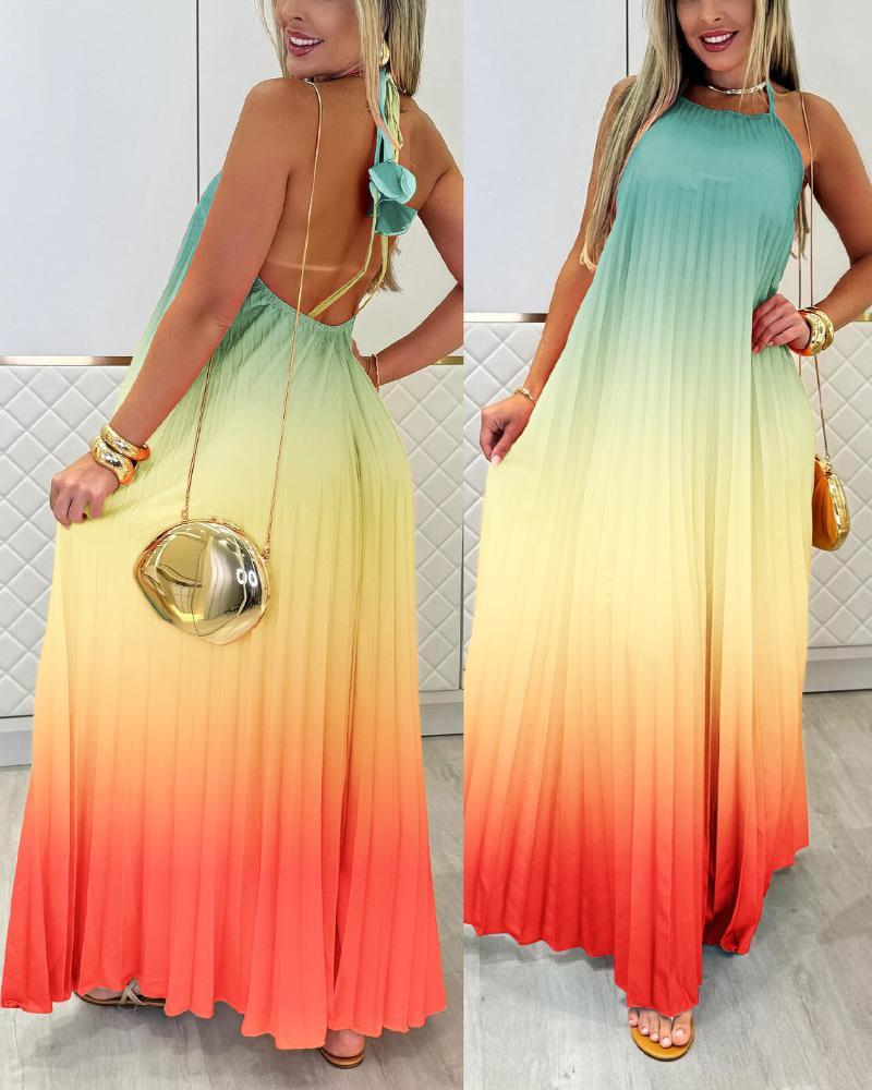 

Ombre Print Halter Sleeveless Maxi Dress Casual Hollow-out Pleated Vacation Dress, Multicolor