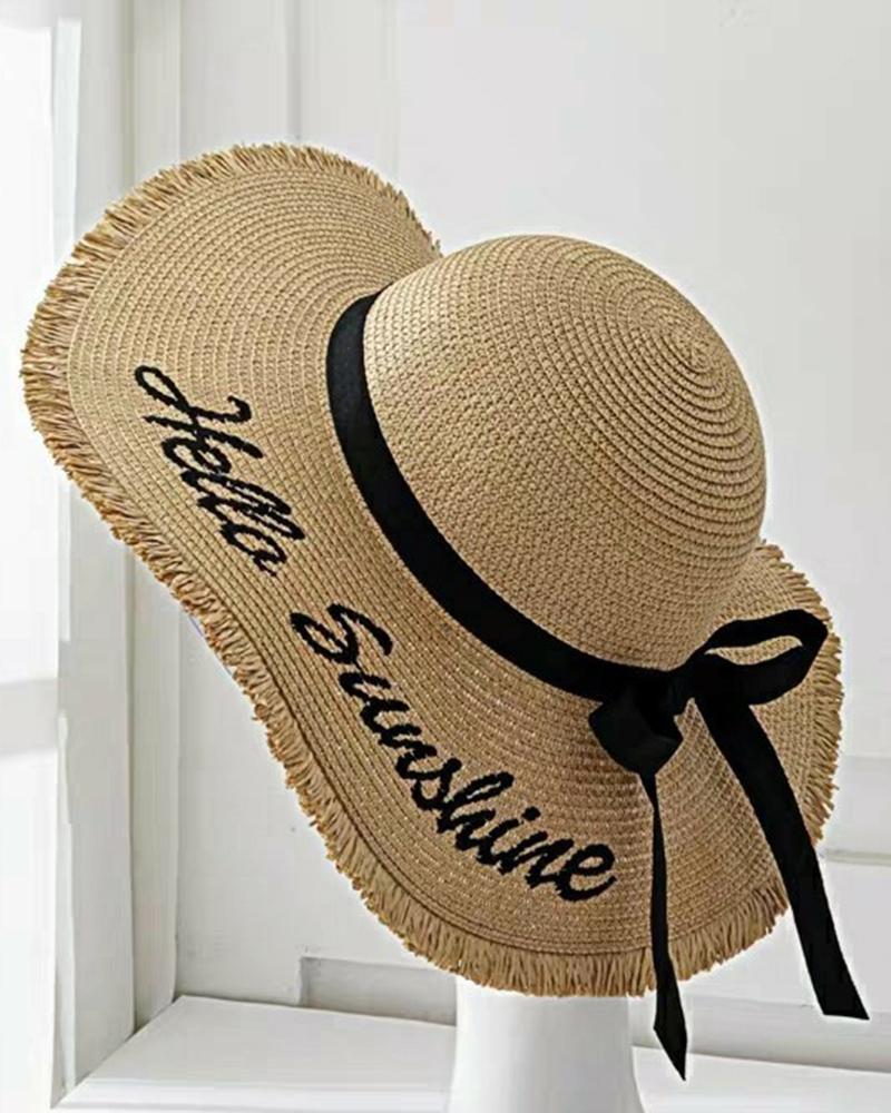 

Letter Pattern Bowknot Decor Wide Brim Sun Hat, Khaki