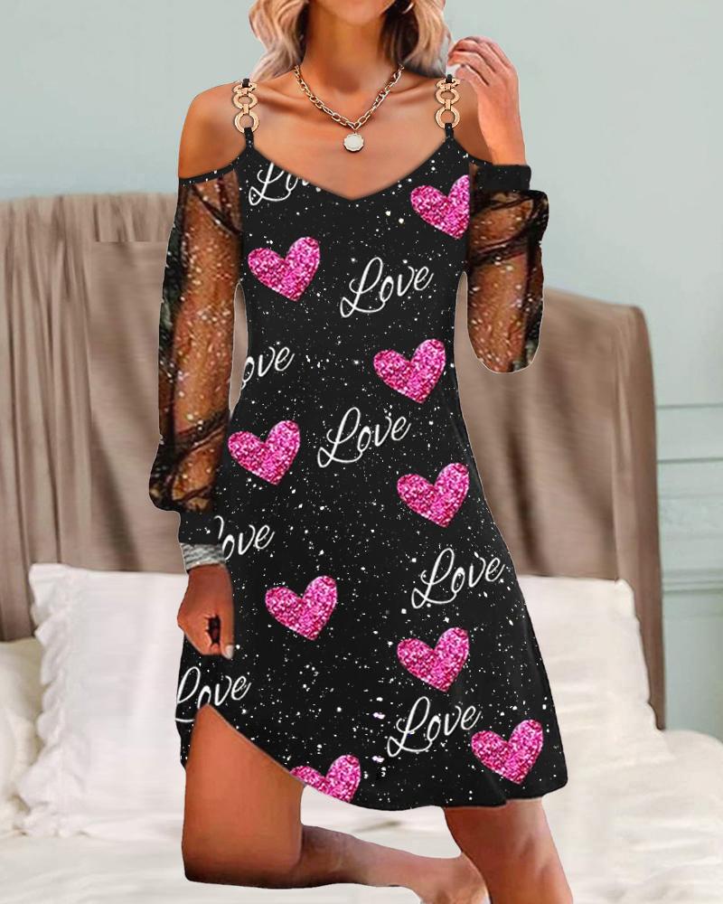 

Valentine' Day Love Heart Print Cold Shoulder Dress, Black