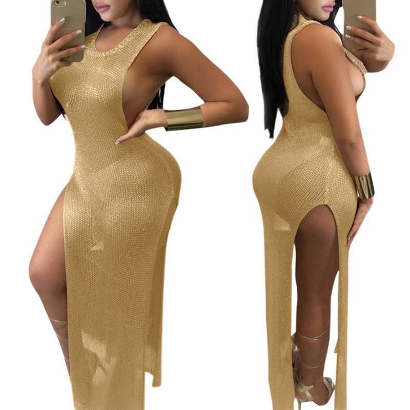 

See Through Slit Maxi Dress, Gold